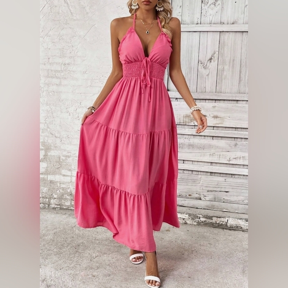 NEW Ruffle Tie Halter Tiered Long Dress Pink - Picture 4 of 7